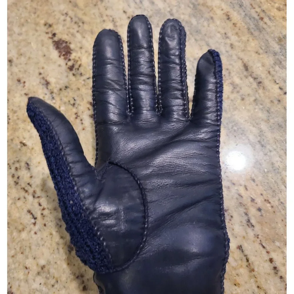 Vintage Size M 7 Blue Leather And Knit Handmade Gloves Hammer Of Hollywood